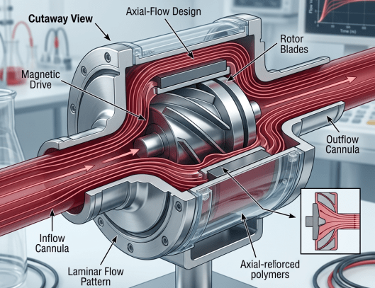 Cutaway diagram of an artificial heart pump showing laminar flow through inflow cannula, rotor blades, and outflow cannula with labeled components