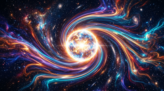 Bright celestial sphere with swirling multicolored energy streams in space